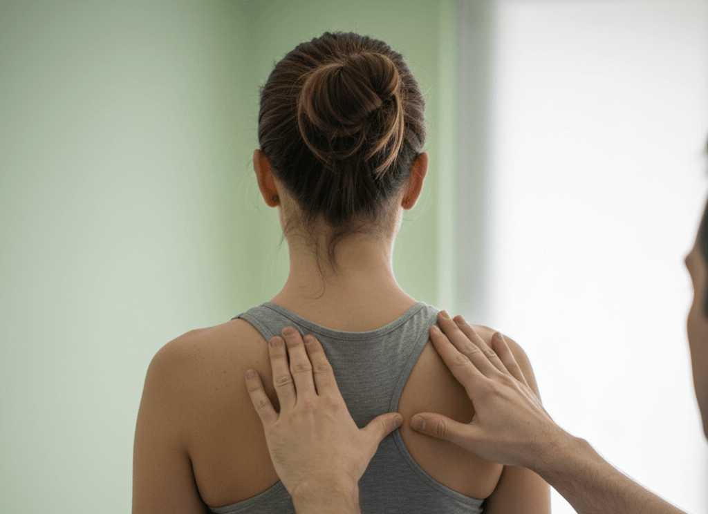 Primer plano de un osteópata analizando la alineación de la columna vertebral y la postura de un paciente para prevenir lesiones y mejorar la calidad de vida en Clínica San Delfín