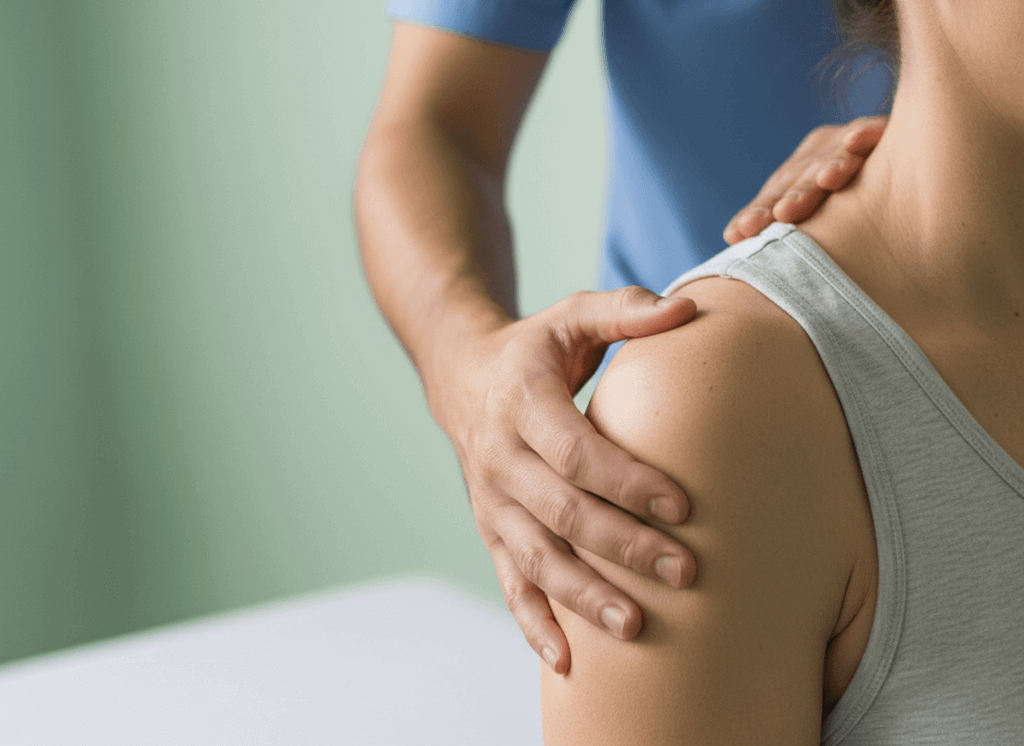 lano detalle de las manos de un osteópata realizando una movilización de la articulación del hombro en un paciente para corregir compensaciones posturales.