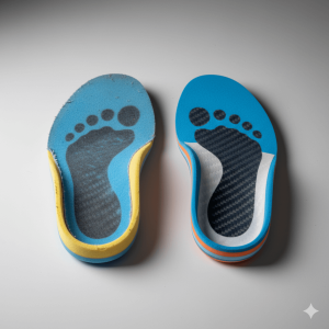 Comparativa visual de plantillas ortopédicas desgastadas frente a unas nuevas en una clínica de podología, simbolizando la importancia de la revisión biomecánica anual