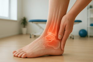 Representación anatómica de un esguince de tobillo mostrando la afectación de los huesos astrágalo y peroné, enfoque de tratamiento osteopático en Clínica San Delfín