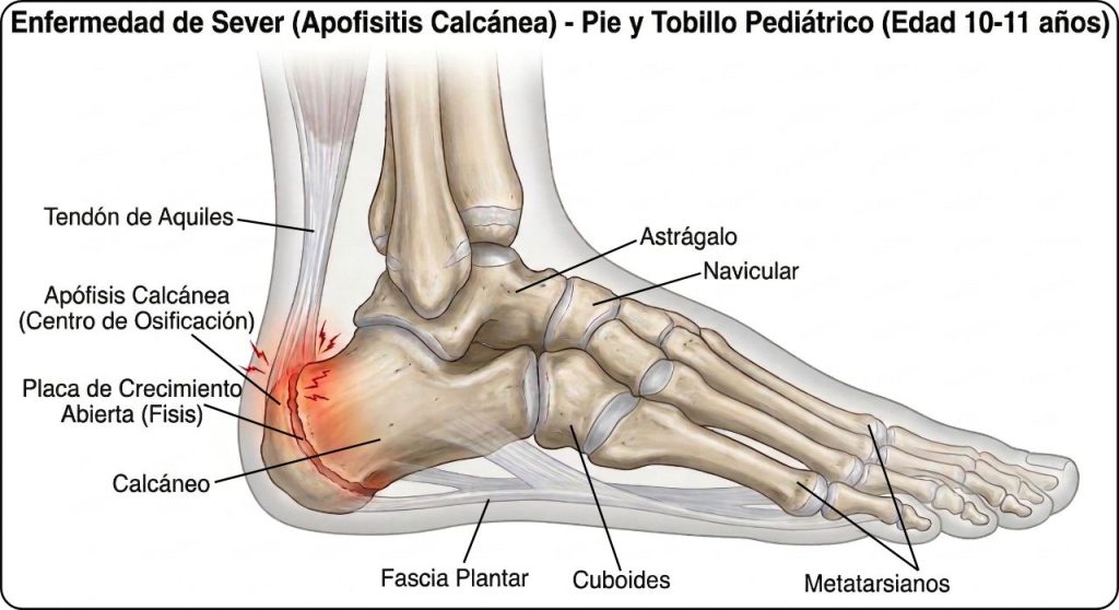 Ilustración anatómica del hueso del talón infantil mostrando la inflamación del cartílago por el Síndrome de Sever.