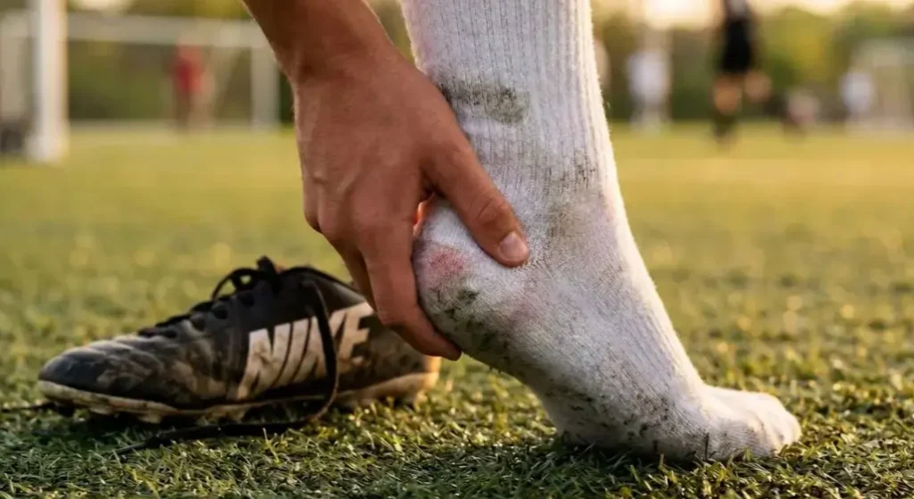 Primer plano de unas manos presionando el talón de un pie infantil con ropa deportiva, mostrando dolor por Síndrome de Sever tras jugar al fútbol