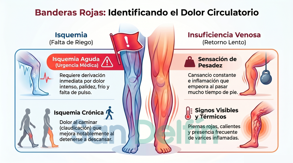 Identificación del dolor circulatorio: diferencias y como identificar isquemia aguda, isquemia cronica e insuficiencia venosa, con signos y sintomas 